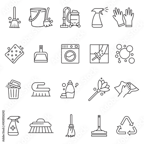 Professional cleaning and hygiene icon set featuring essential tools and symbols for housekeeping, janitorial services, and sanitation maintenance with design.