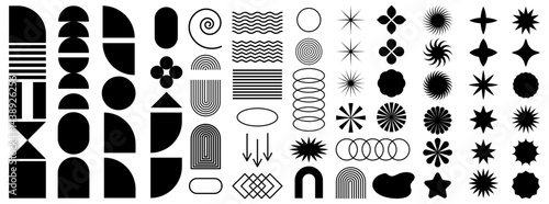 Collection of brutalist abstract geometric vector elements with black shapes, modern symbols, radial and linear patterns designed for digital artwork, templates, or creative compositions.
