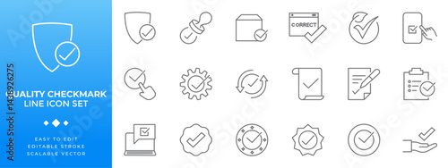 Checkmark line icon set with editable stroke, featuring scalable vector graphics for digital and print use, perfect for approval indicators, validation symbols and quality assurance interfaces.