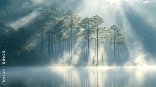 Wallpaper Mural Misty Sunrise Over Mountain Lake Forest Torontodigital.ca