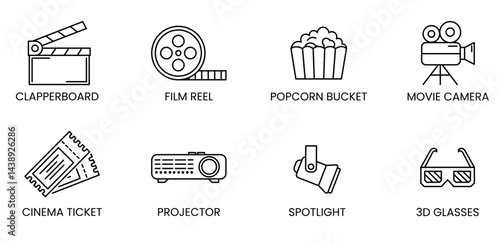 Cinema icon set featuring film reel, popcorn bucket, movie camera, ticket, spotlight and 3D glasses, perfect for movie theater designs, film festival promotions and entertainment industry projects.