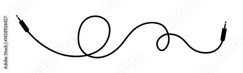 Vector illustration of black audio cable with jack connectors featuring smooth loops and clean outlines, isolated on a white background for digital or print use