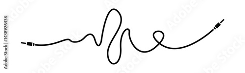 Vector illustration of a black audio cable with 3.5mm jack connectors forming a creative wave line on a white background, perfect for music themed banner, poster, or digital design