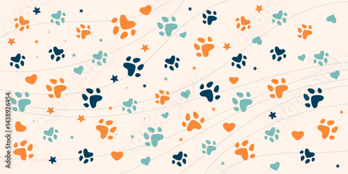 Seamless vector pattern featuring colorful dog and cat paw prints with hearts and stars in navy blue, orange, and teal on a light beige background, ideal for pet-themed textile and wrapping designs