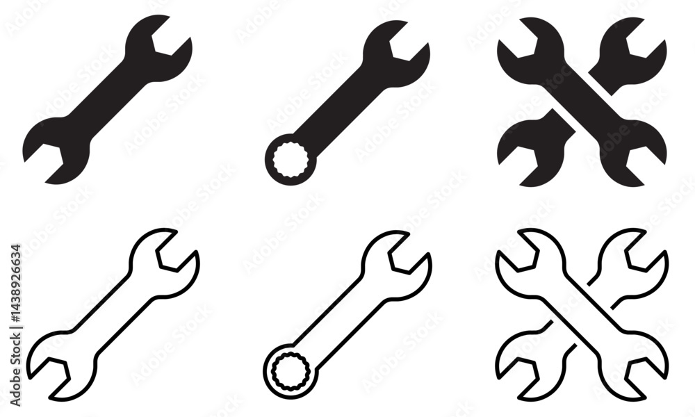 Set of Wrench Icons in Solid and Outline Styles for Tools, Repair, Settings, Maintenance, Mechanical Services, Construction, Engineering, and Industrial Applications, Perfect for Vector Illustration Set of Wrench Icons in Solid and Outline Styles for Tools, Repair, Settings, Maintenance, Mechanical Services, Construction, Engineering, and Industrial Applications, Perfect for Vector Illustration