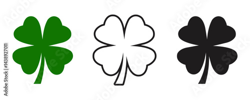 Flat icon set of four leaf clovers in green, black, and outlined styles, lucky charm symbols for St. Patrick's Day, vector art, print, web graphics, nature motifs, and decorative holiday use