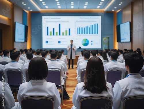 Medical professionals attending a formal seminar in a modern conference room, focused on a scientific presentation with charts and data analysis on a large digital screen
