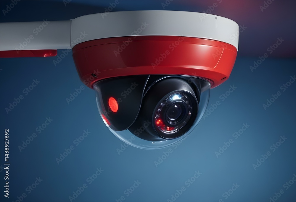 A closeup of a security camera with a red LED light in blue background