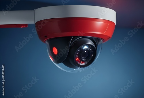 A closeup of a security camera with a red LED light in blue background