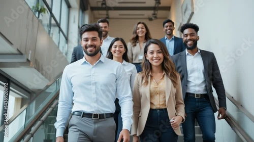 Diverse business team walking confidently down stairs in modern office building
