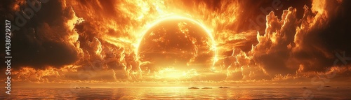 Captivating Sunset Over an Alien World with Vibrant Colors and Dramatic Clouds Reflecting on an Ocean Surface