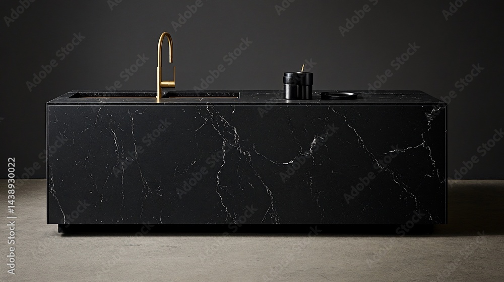 Modern kitchen island. Black marble countertop. Gold faucet. Sleek design. Dark aesthetic