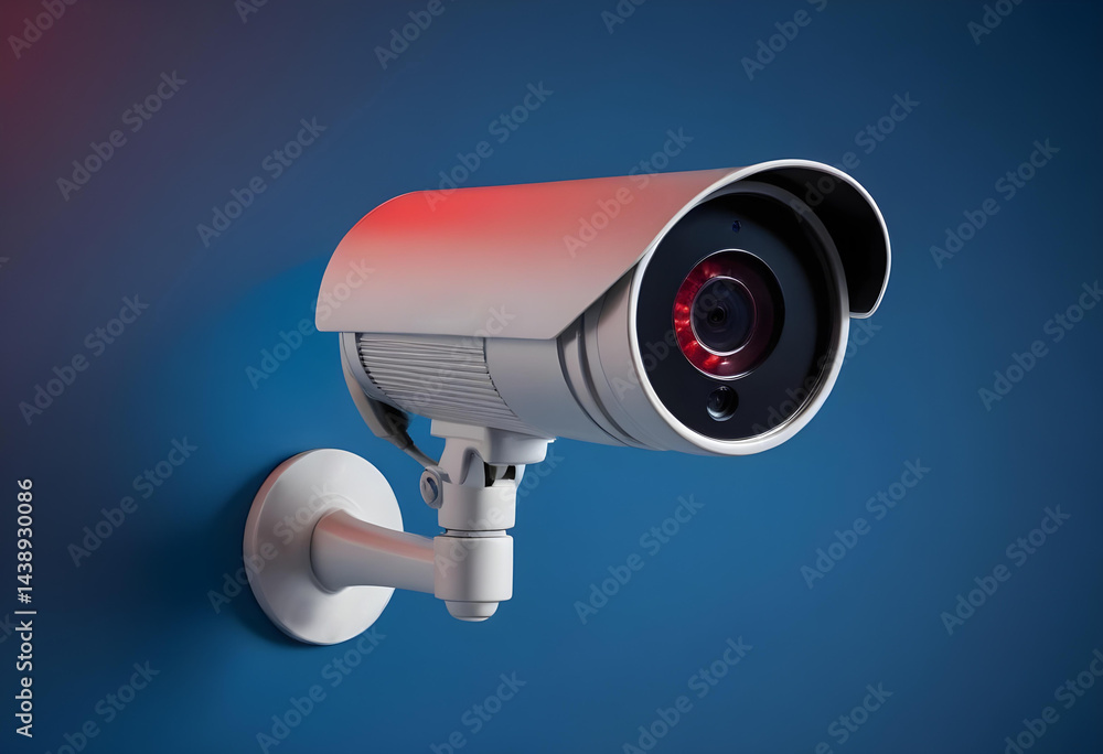 A closeup of a security camera with a red LED light in blue background