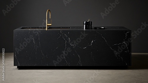 Obraz na płótnie Modern kitchen island. Black marble countertop. Gold faucet. Sleek design. Dark aesthetic w salonie