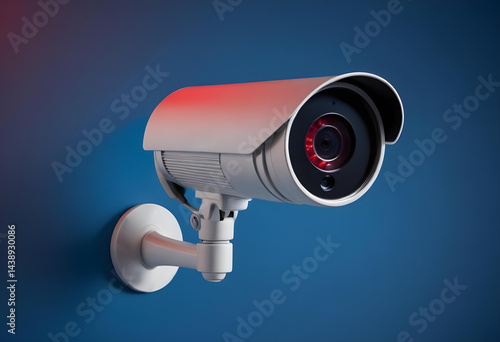 Obraz na płótnie A closeup of a security camera with a red LED light in blue background w salonie