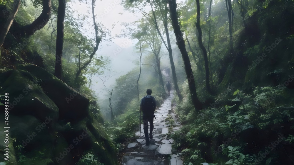 鬱蒼とした森の中の石畳の道を一人で歩く人の後ろ姿 霧と木漏れ日の緑豊かな風景 鬱蒼とした森の中の石畳の道を一人で歩く人の後ろ姿 霧と木漏れ日の緑豊かな風景