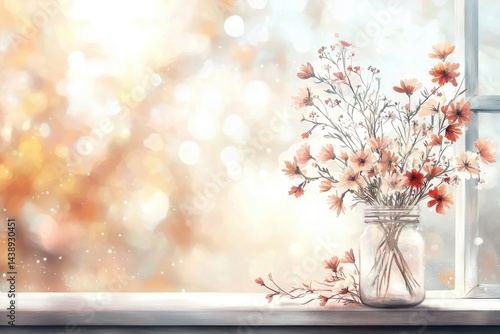 A soft-focus image of a jar filled with delicate flowers on a windowsill, with a warm, dreamy background highlighting autumn hues.