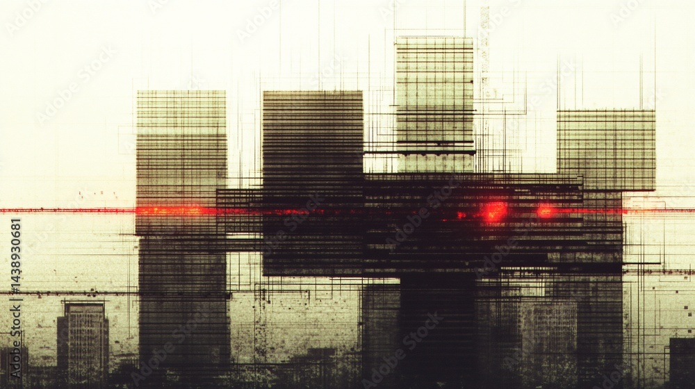 Abstract cityscape, glitch effect. Urban buildings, digital distortion