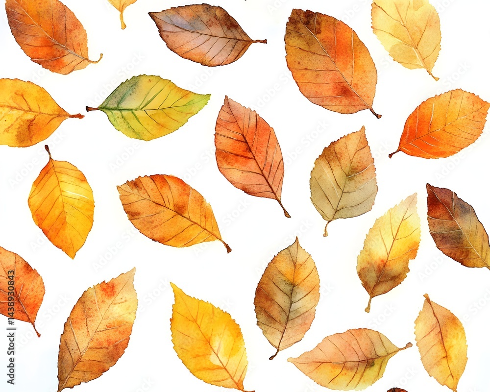 Obraz premium Autumn Watercolor Leaves in Shades of Orange and Yellow