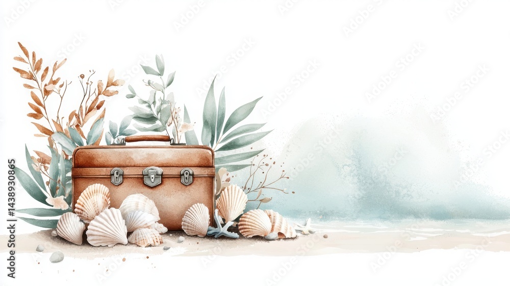 A vintage suitcase surrounded by seashells and greenery, evoking a serene beach vibe, perfect for travel and coastal themes.