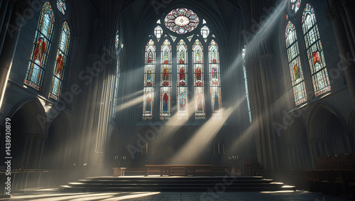 Sunbeams streaming through tall stained glass windows, illuminating the grand interior of a gothic cathedral, dramatic lighting