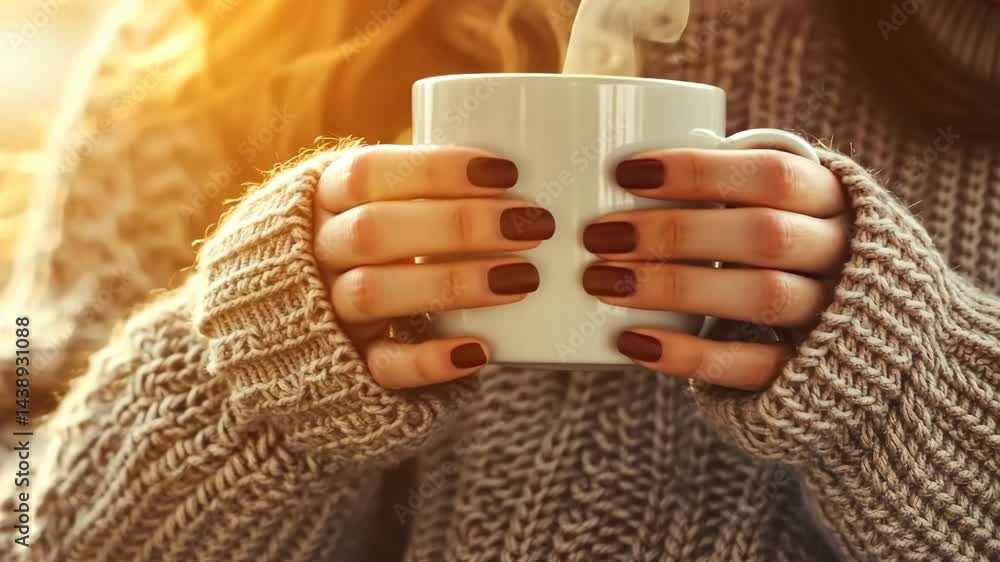Cozy morning warmth: hands holding steaming mug in golden sunrise Cozy morning warmth: hands holding steaming mug in golden sunrise