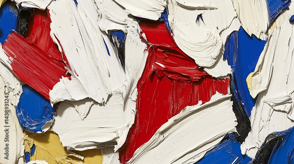 Abstract close-up showing thick, textured strokes of red, white, blue, & yellow paint