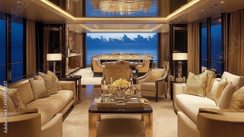 Luxurious yacht interior.  Grand dining and living area with panoramic ocean views