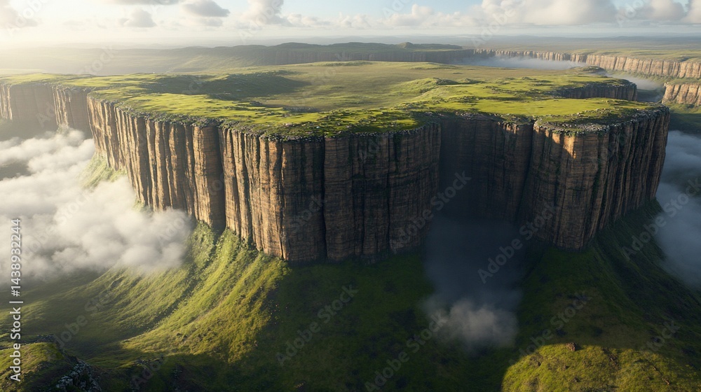 Elevated plateau, lush green, surrounded by sandstone cliffs, and misty valley