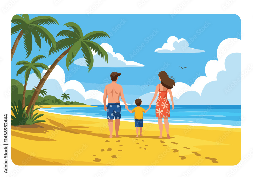 A family walking hand in hand on a tropical beach during their summer holiday. Flat illustration style showcasing a serene and joyful moment A family walking hand in hand on a tropical beach during their summer holiday. Flat illustration style showcasing a serene and joyful moment