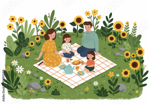A family enjoying a picnic in the park during their summer holiday. Flat illustration style with a cheerful and colorful scene