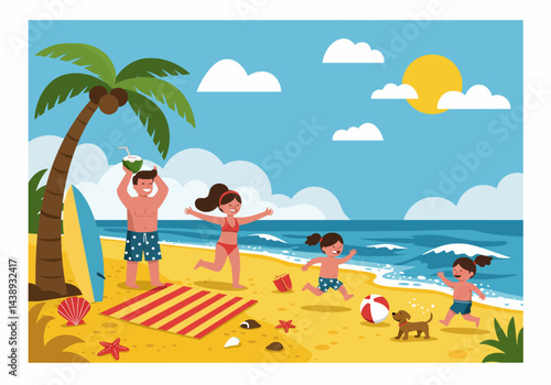 A happy family enjoying a fun-filled summer holiday vacation at the beach with surfboards and playful dogs. Flat illustration style with bright and joyful elements