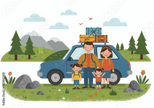 A family enjoying a road trip for their summer holiday vacation. Flat illustration style with a car packed with luggage, showcasing a travel theme