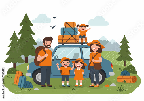 A family enjoying a road trip for their summer holiday vacation. Flat illustration style with a car packed with luggage, showcasing a travel theme
