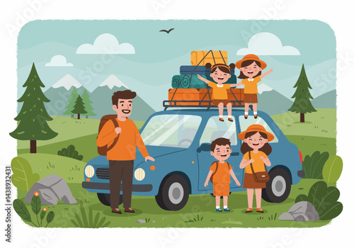 A family enjoying a road trip for their summer holiday vacation. Flat illustration style with a car packed with luggage, showcasing a travel theme