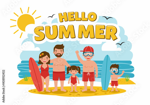 Happy family enjoying their summer holiday vacation at the beach with a surfboard and snorkeling gear. Flat illustration style with bright, cheerful colors