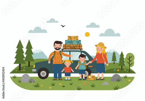 A family enjoying a road trip for their summer holiday vacation. Flat illustration style with a car packed with luggage, showcasing a travel theme