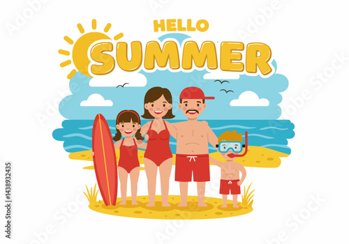 Happy family enjoying their summer holiday vacation at the beach with a surfboard and snorkeling gear. Flat illustration style with bright, cheerful colors