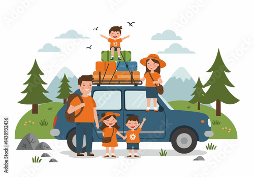 A family enjoying a road trip for their summer holiday vacation. Flat illustration style with a car packed with luggage, showcasing a travel theme