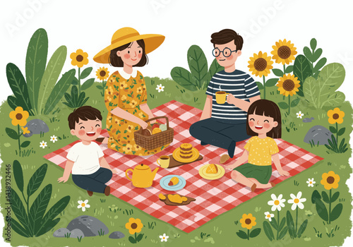 A family enjoying a picnic in the park during their summer holiday. Flat illustration style with a cheerful and colorful scene