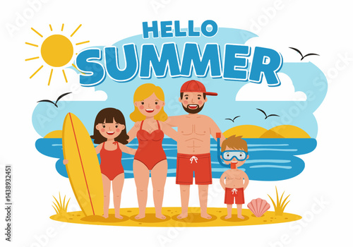 Happy family enjoying their summer holiday vacation at the beach with a surfboard and snorkeling gear. Flat illustration style with bright, cheerful colors