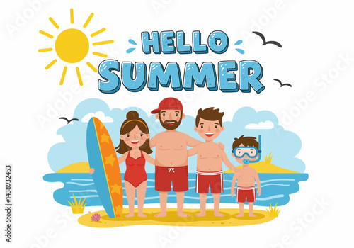 Happy family enjoying their summer holiday vacation at the beach with a surfboard and snorkeling gear. Flat illustration style with bright, cheerful colors