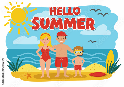 Happy family enjoying their summer holiday vacation at the beach with a surfboard and snorkeling gear. Flat illustration style with bright, cheerful colors