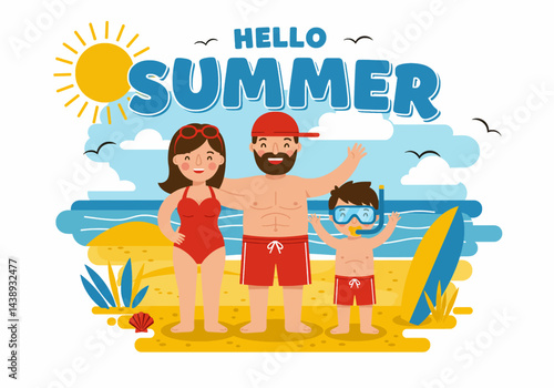 Happy family enjoying their summer holiday vacation at the beach with a surfboard and snorkeling gear. Flat illustration style with bright, cheerful colors