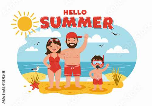 Happy family enjoying their summer holiday vacation at the beach with a surfboard and snorkeling gear. Flat illustration style with bright, cheerful colors