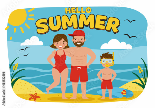 Happy family enjoying their summer holiday vacation at the beach with a surfboard and snorkeling gear. Flat illustration style with bright, cheerful colors
