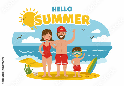 Happy family enjoying their summer holiday vacation at the beach with a surfboard and snorkeling gear. Flat illustration style with bright, cheerful colors