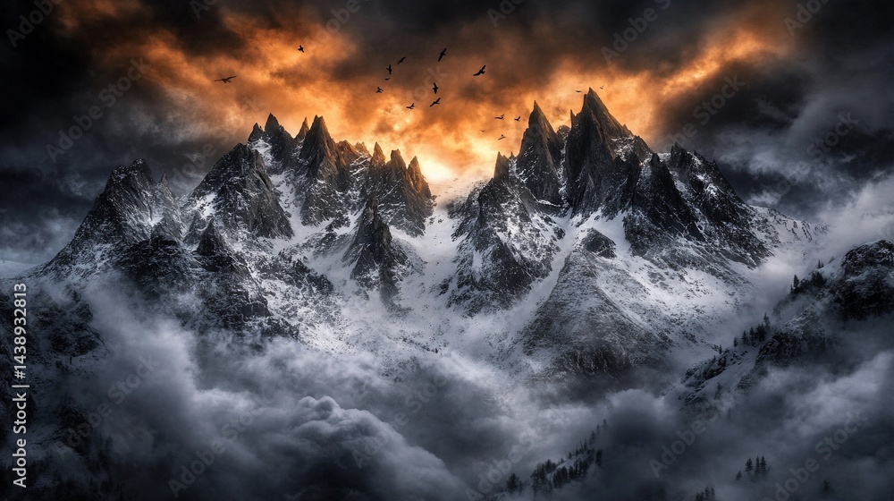 Dramatic mountain peaks piercing the sky, eagles soaring above