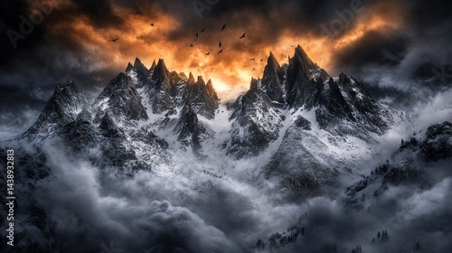 Obraz na płótnie Dramatic mountain peaks piercing the sky, eagles soaring above w salonie