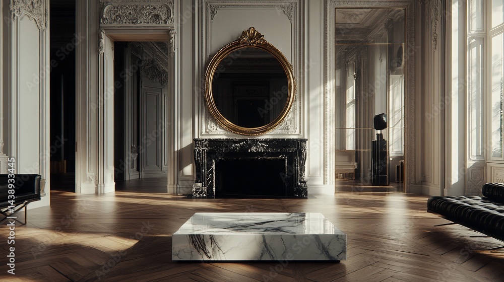 Elegant room with sunlight, marble, mirror, and ornate details